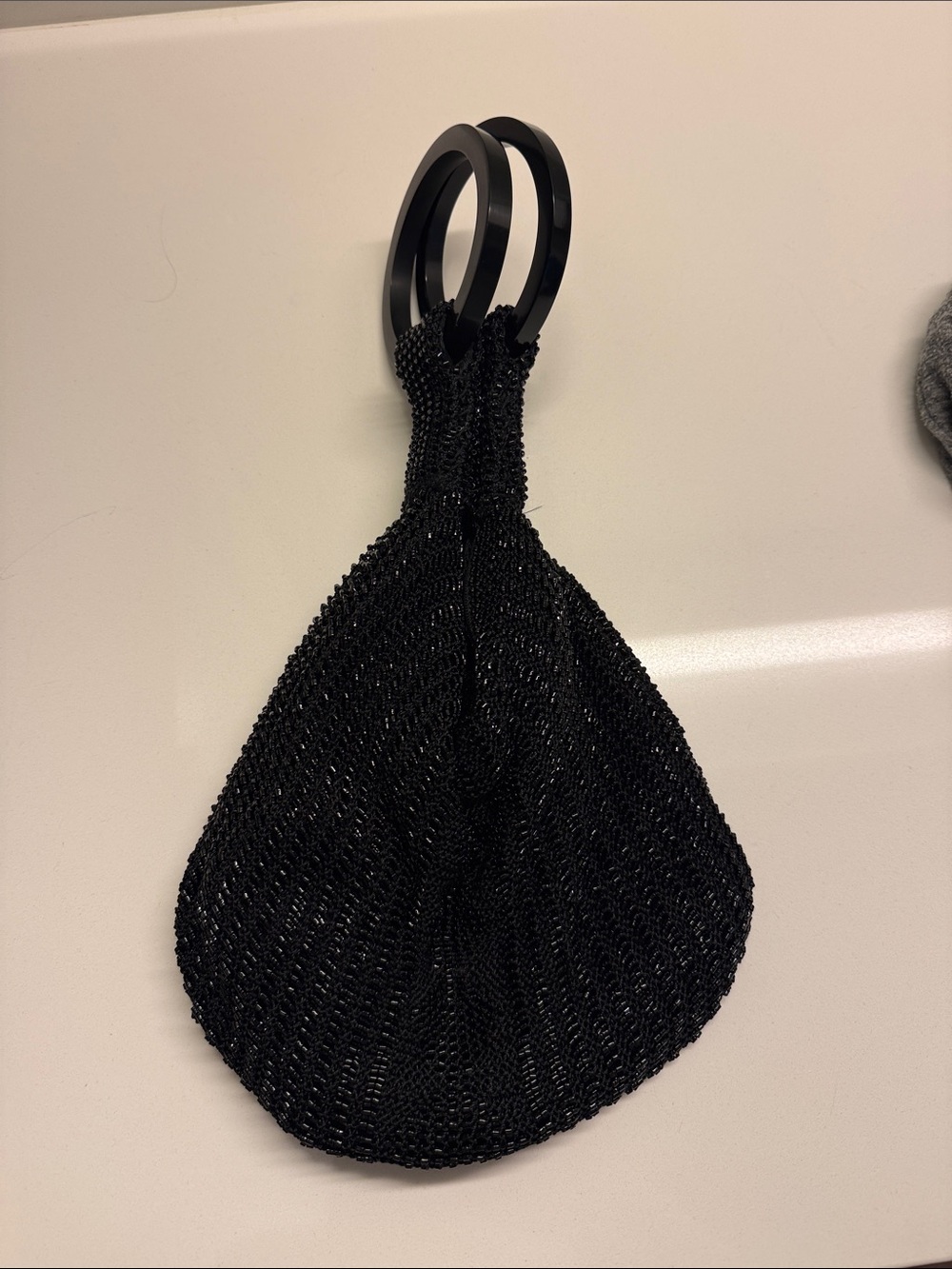 Black Beaded Wristlet Bag with Ring Handles